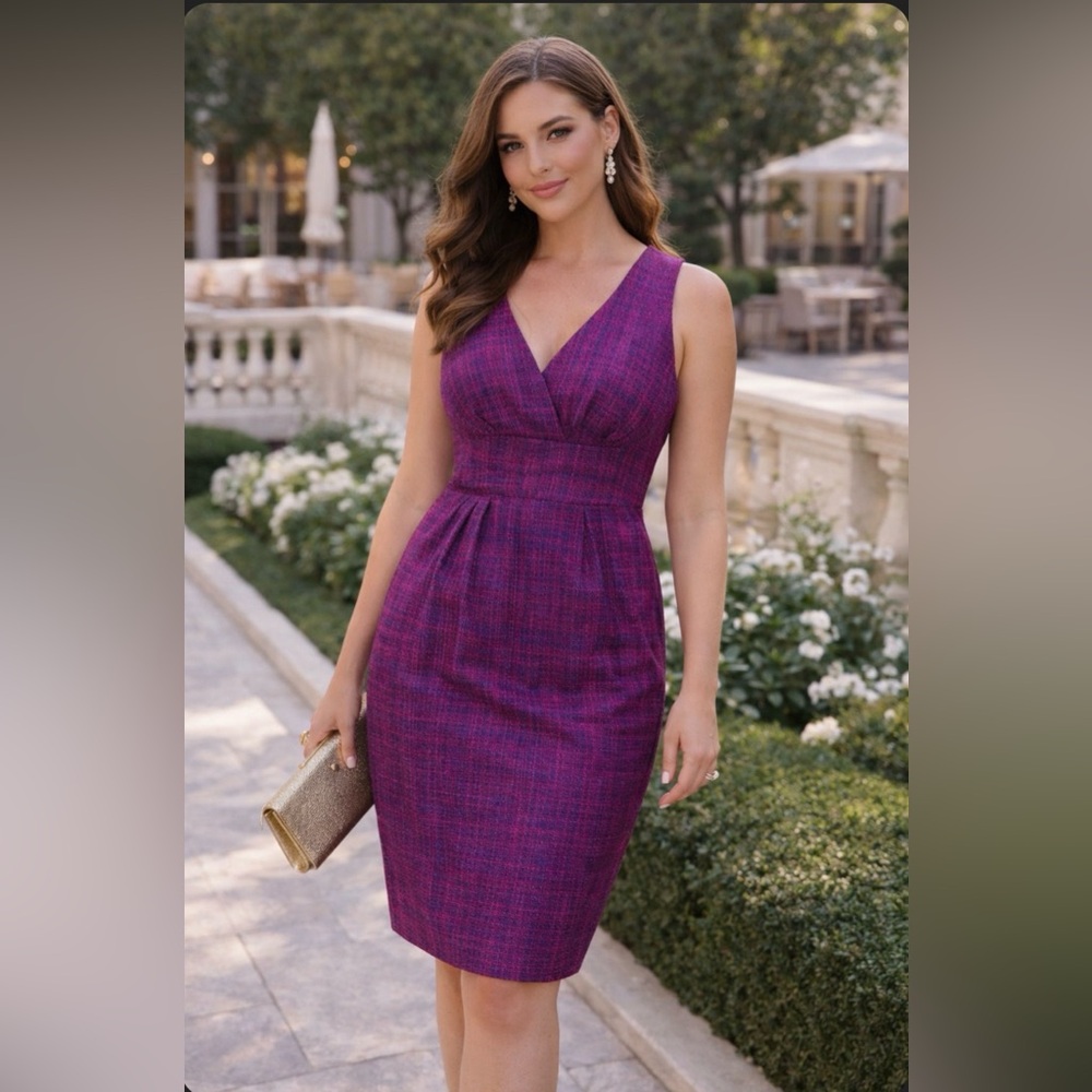 Trina Turk Concetta Dress in Orchid Pink Purple Silk Tweed V-Neck Shift, Size 4‎